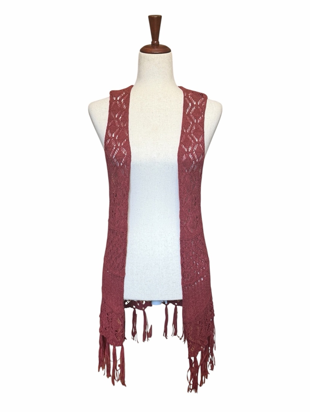 Full Tilt Open-Front Crochet Fringe Vest Rust Size L #2293